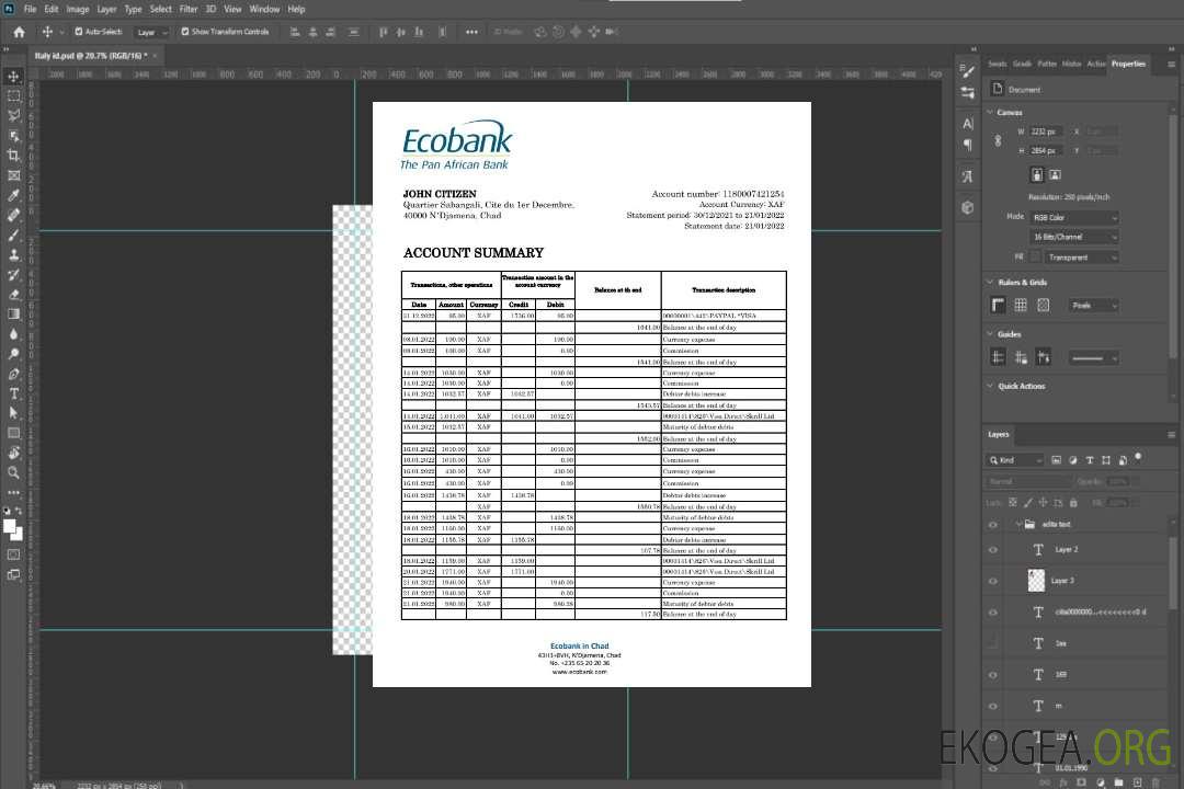 Relevé bancaire Tchad Ecobank template Relevé bancaire Tchad Ecobank template